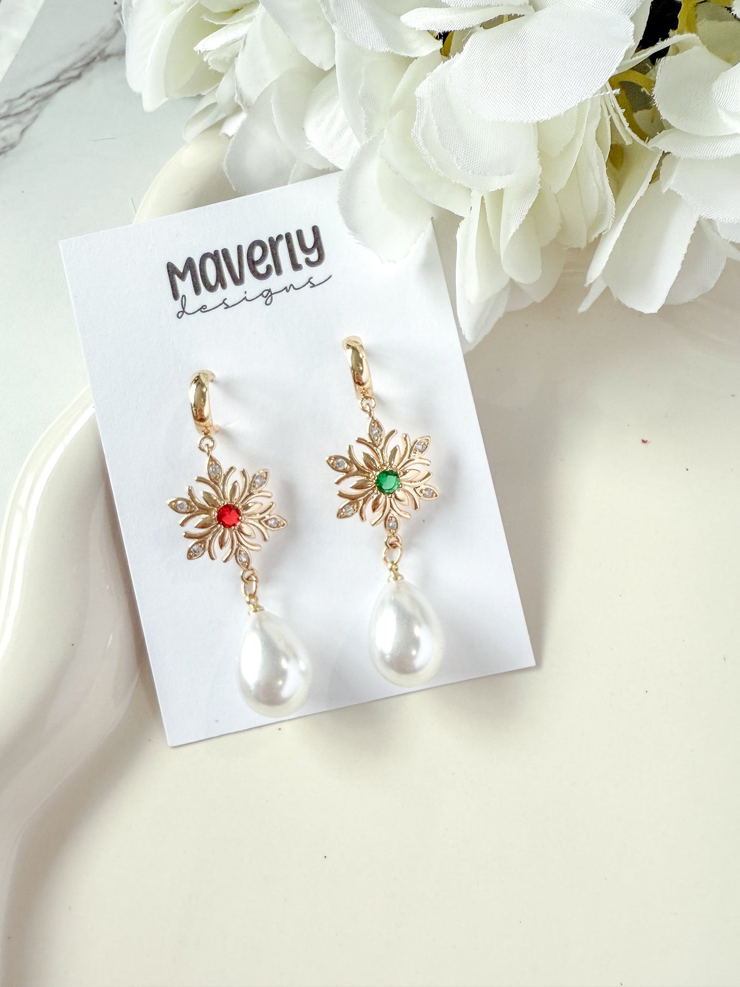 Snowflake Green/Red with Pearl- One Pair - November 2025