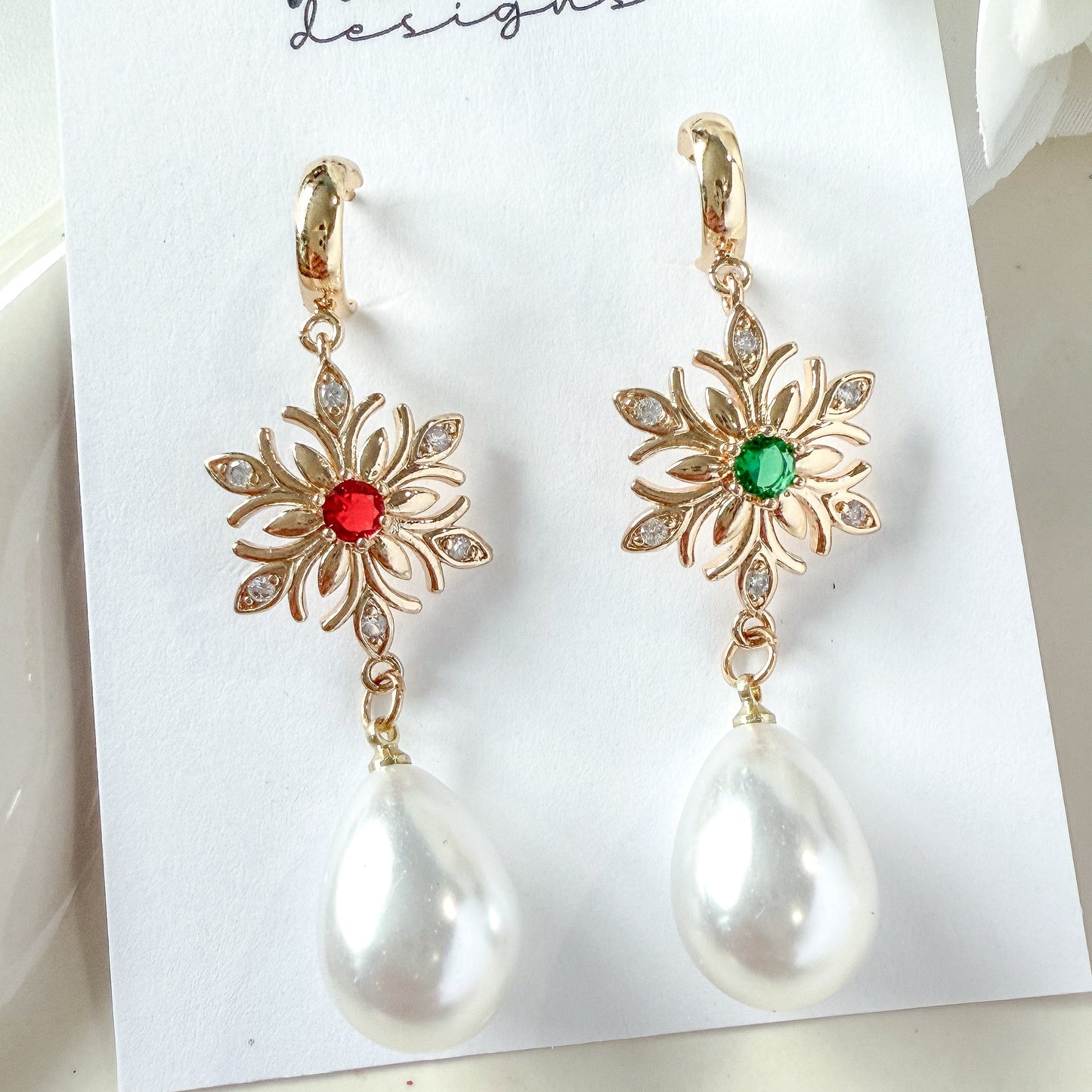 Snowflake Green/Red with Pearl- One Pair - November 2025