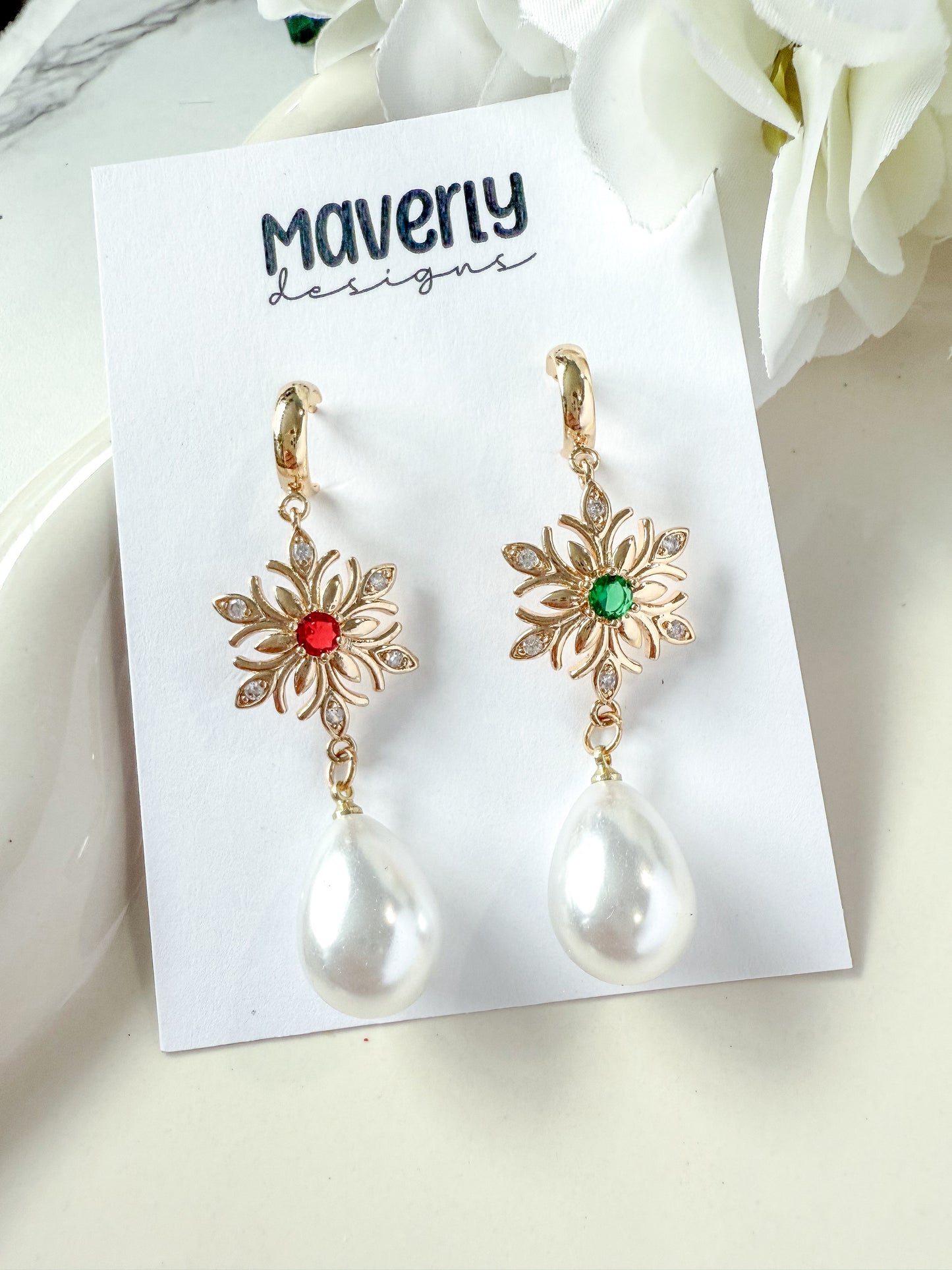 Snowflake Green/Red with Pearl- One Pair - November 2025