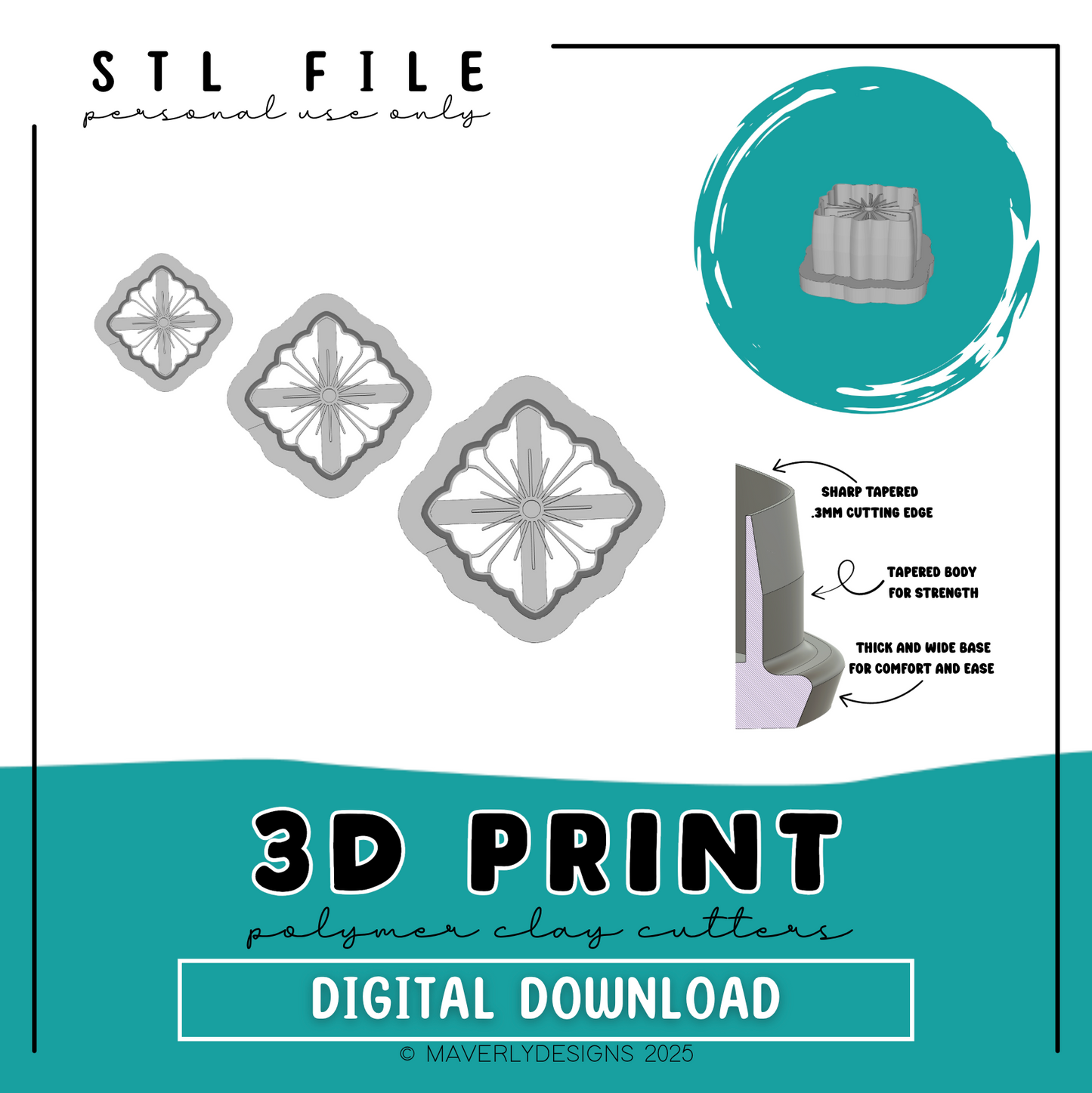 Flower Diamond - 4 Sizes - Digital Download - STL Polymer Clay Cutter - Print your own Clay Cutter