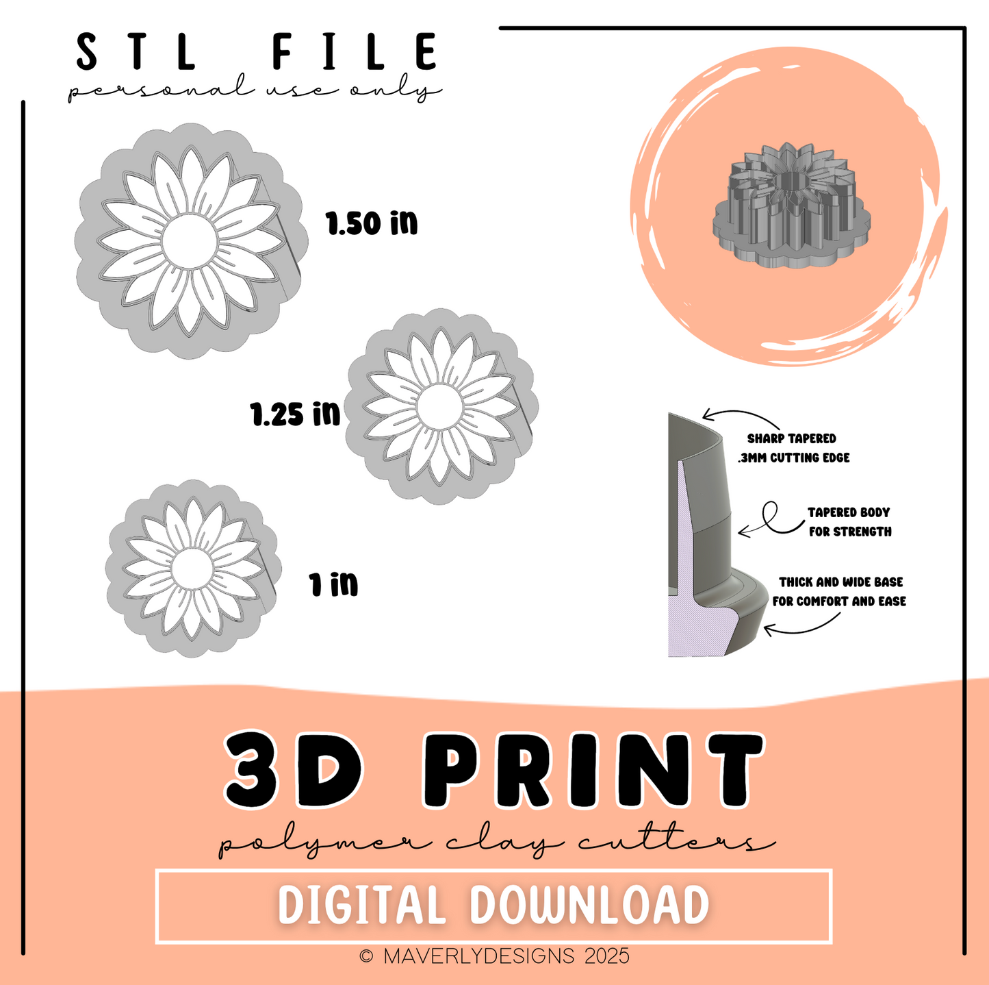 !Sunflower- Digital Download - STL Polymer Clay Cutter - Print your own Clay Cutter